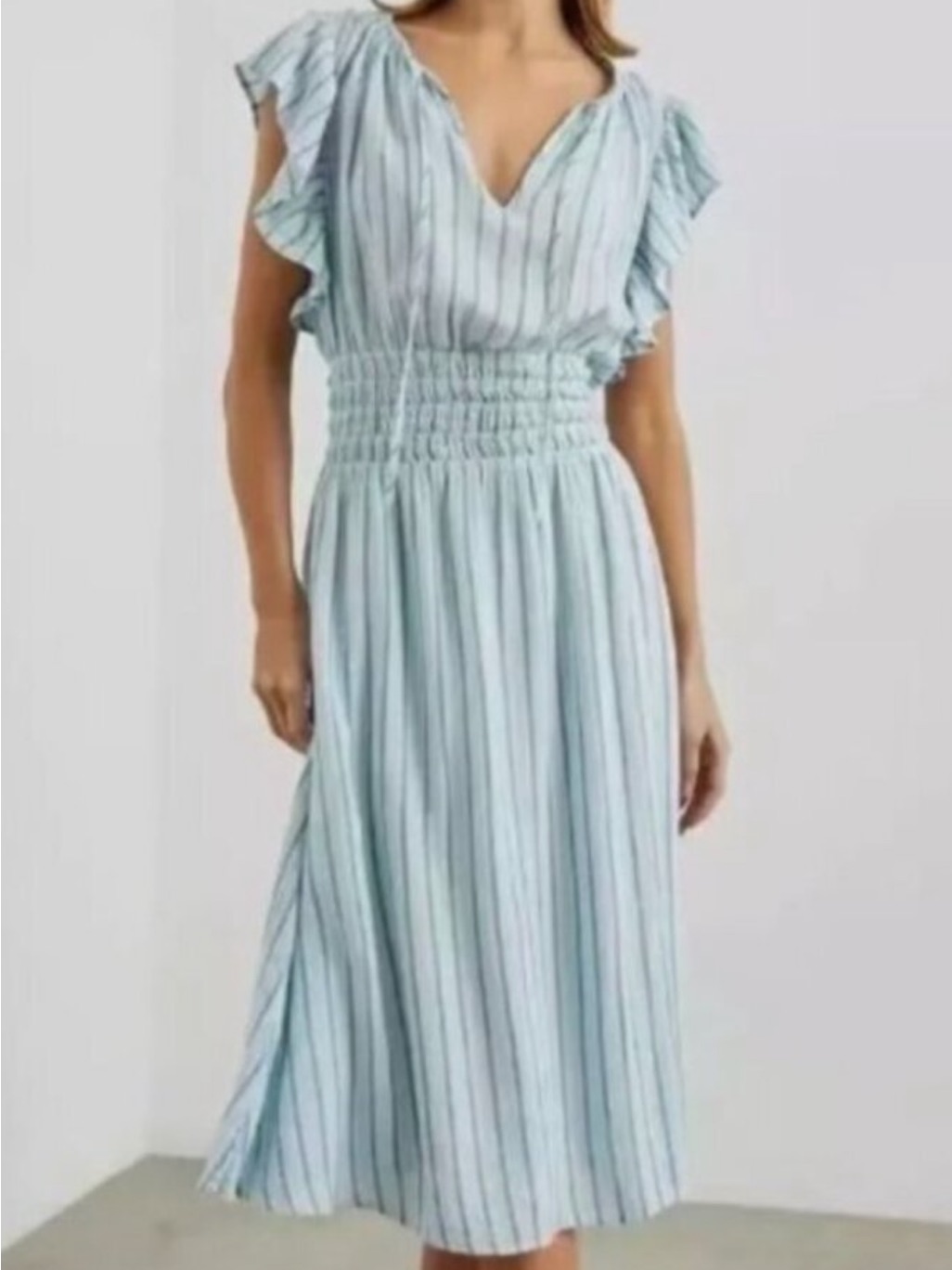 Rails Iona Smocked Waist Midi Dress (L, Cambria Stripe Blue) 100% Linen.